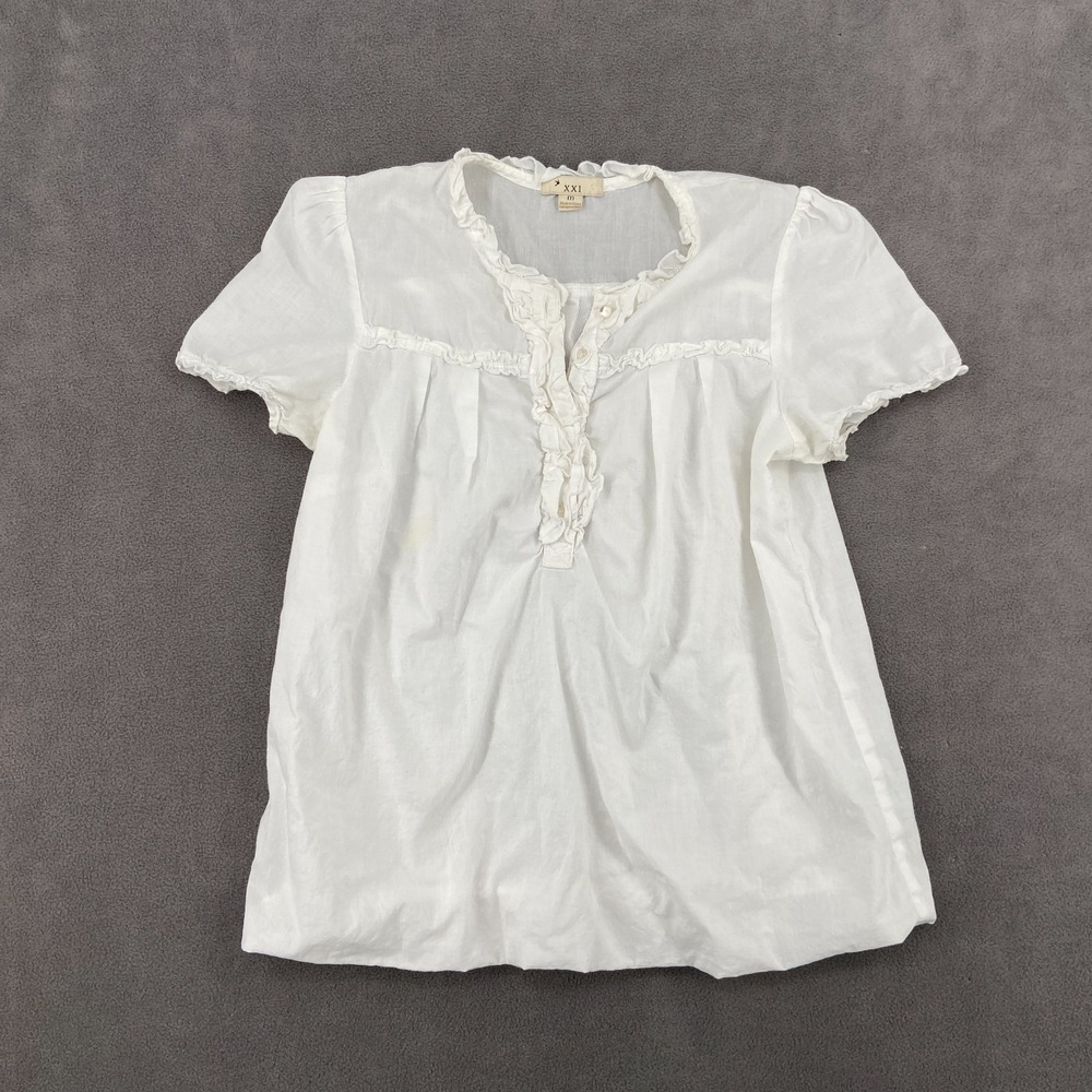 XXI Blouse Top‎ Sz Medium White Ruffle Henley Neck Babydoll Mesh Picnic Summer
